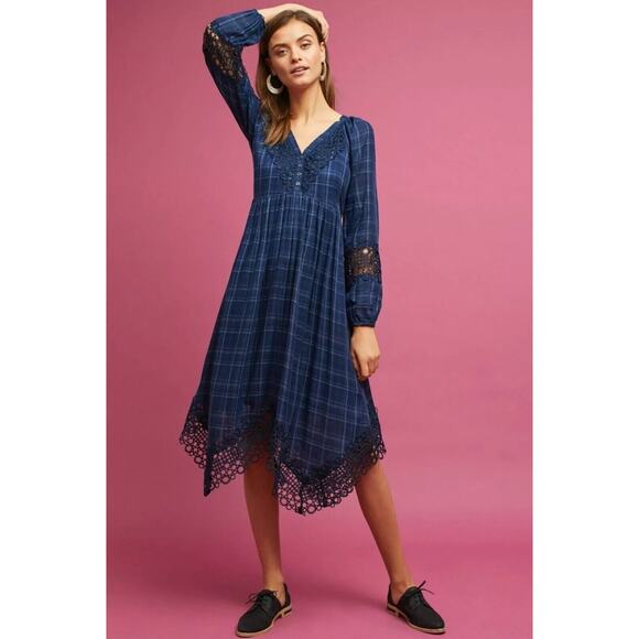 Anthropologie Dresses & Skirts - Anthropologie AKEMI & KIN Midi Dress Womens SZ 8 Navy Plaid Lace Witchy Goth